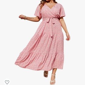 Pink maxi dress with white flowers. Plus size